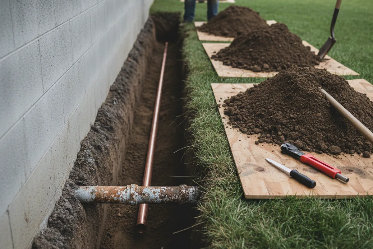 Excavated water line trench during Water Heater Repair in Wichita